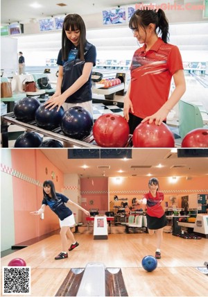 Two young women crouching down with bowling balls in their hands.