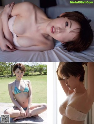A woman in a white lingerie sitting on a bed.
