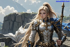 A naked woman in a blue and white outfit holding a sword.