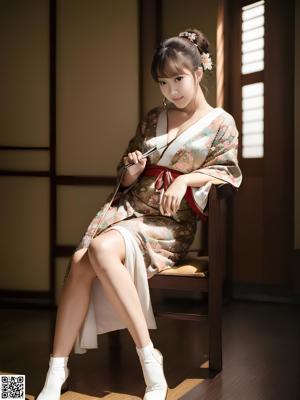 A woman sitting on a white chair in a garden.