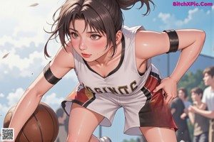 A woman in a basketball uniform dribbling a basketball on a court.