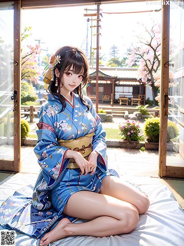 A woman in a blue kimono sitting on a bed.