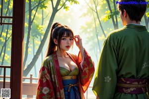 A woman in a kimono is posing naked in the woods.