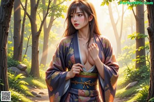 A woman in a kimono is posing naked in the woods.