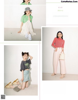 A magazine spread with three photos of a woman wearing high waisted pants.