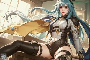 A woman with long blue hair is posing for a picture.