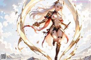 A woman in armor stands in a forest, holding a sword.