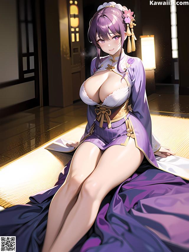 A woman in a purple kimono sitting on a bed.