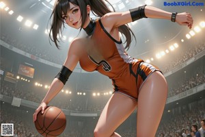 A girl in a basketball uniform crouching on a basketball court.