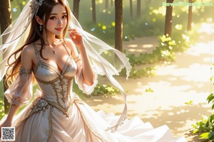 A woman in a wedding dress standing in the woods.