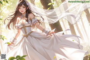 A woman in a wedding dress standing in the woods.