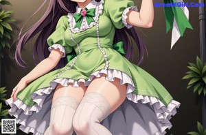 A woman in a green dress sitting on a chair.