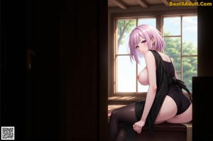 Anime girl in stockings and stockings posing by a window.