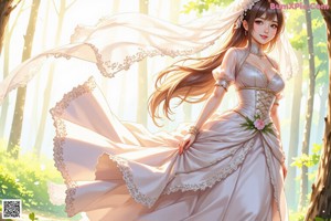 a woman in a wedding dress standing in the woods