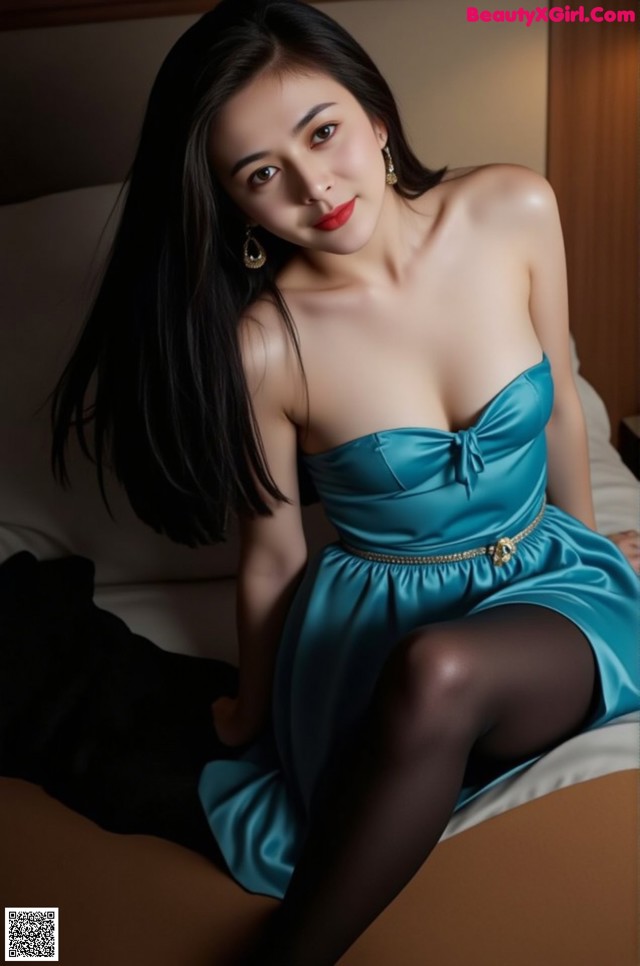 A woman in a blue dress sitting on a bed.