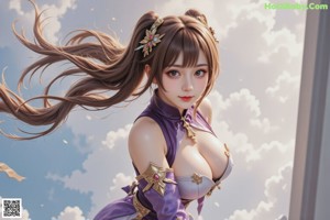 A woman in a purple and gold outfit posing for a picture.