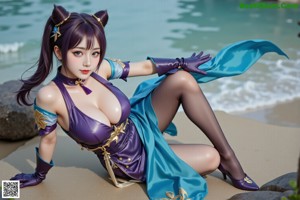 A woman in a purple and white outfit posing for a picture.