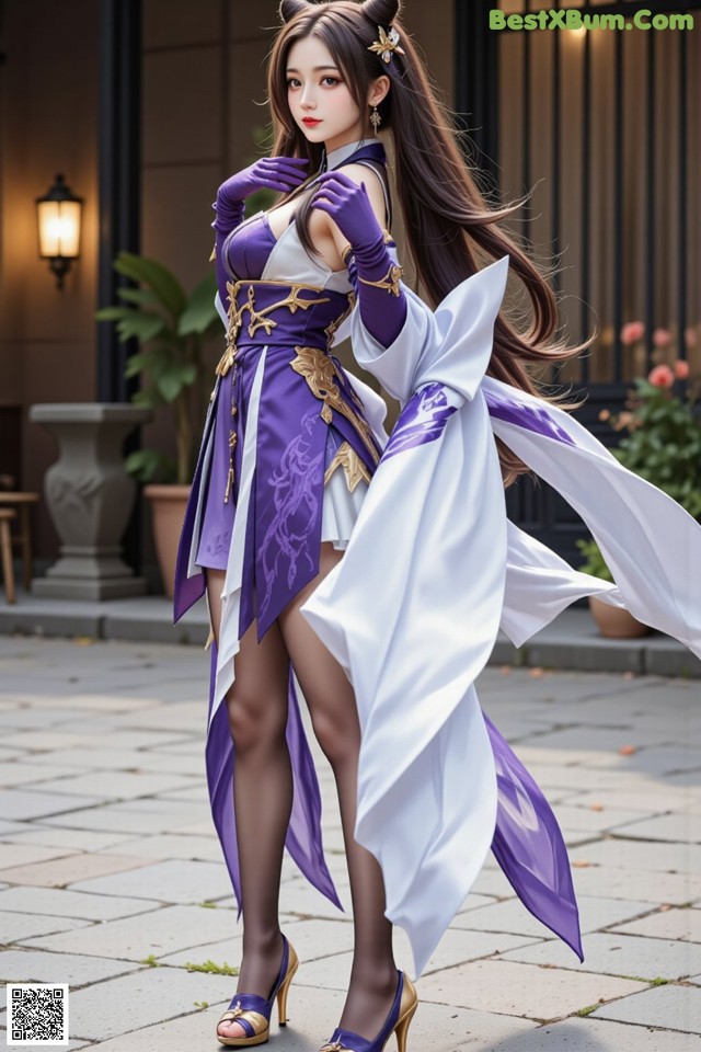 A woman in a purple and white dress is posing for a picture.