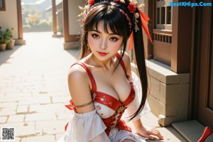 A woman in a red and white dress sitting on a bed.