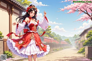 A woman in a white dress with a red sash.