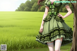 A girl in a green dress and stockings posing for a picture.