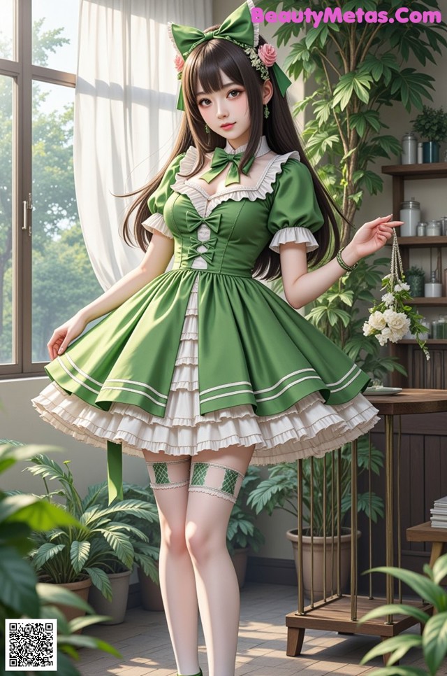 a woman in a green and white dress standing in front of a window