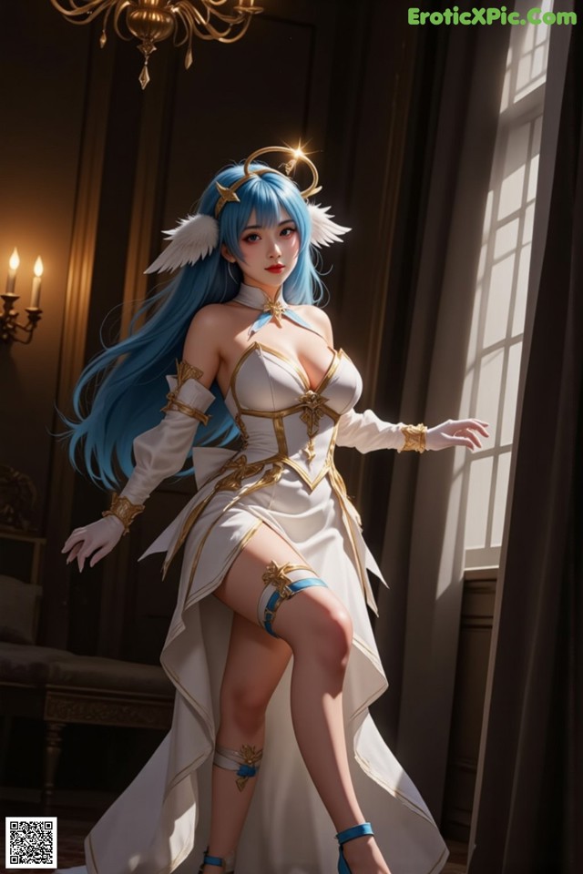 Hentai - Captivating Grace of the Cosmic Maiden Set.2 20250125 Part 15 No.4d13cc A woman in a white dress with blue hair and a crown on her head.
