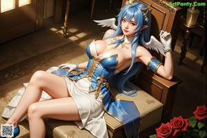 A woman sitting on a couch with angel wings.