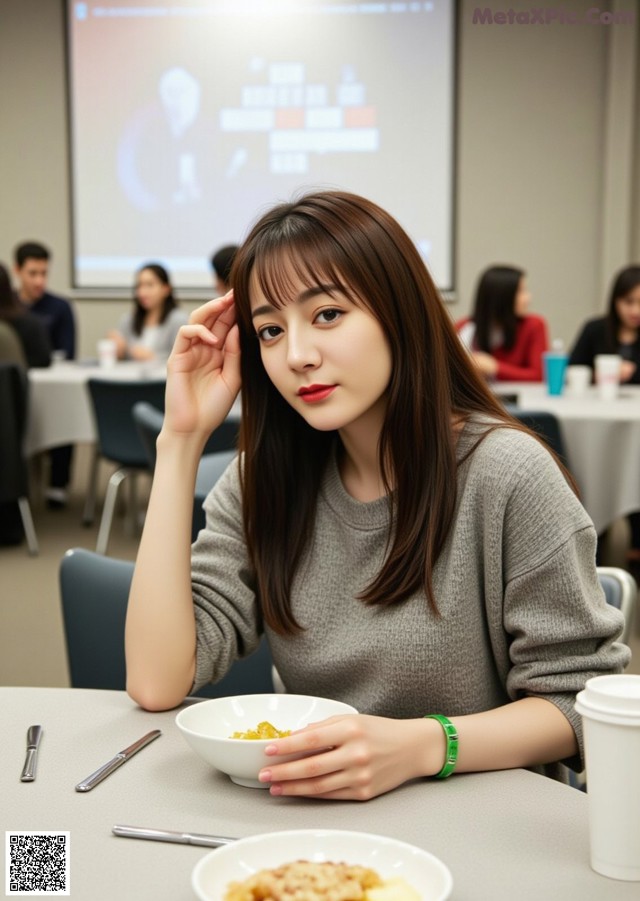 A woman sitting at a table with a bowl of food.