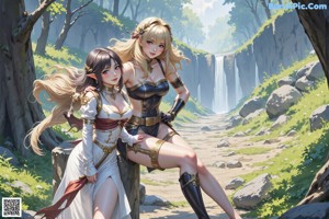 A girl with a sword standing next to another girl in a forest.