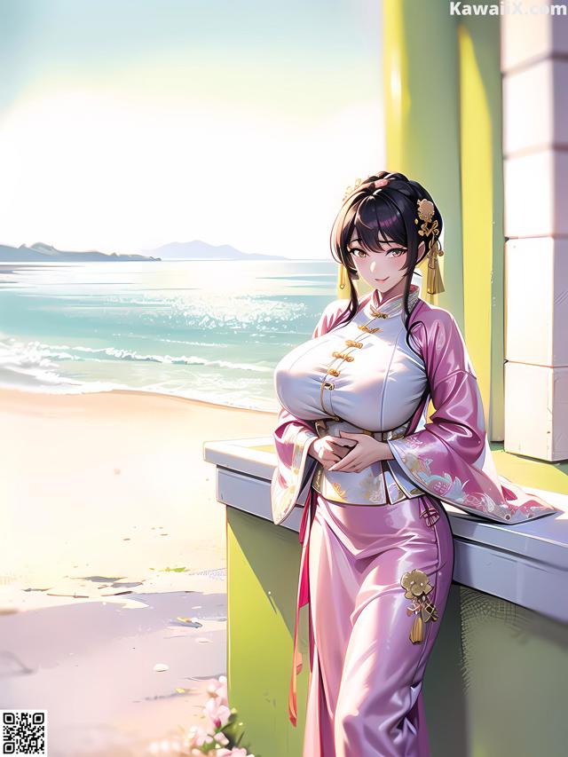 A woman in a pink kimono standing on a beach next to the ocean.