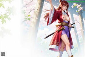 A woman in a red and purple outfit stands by a river, surrounded by nature.