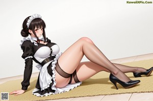 A woman in a maid outfit is standing on a wooden bridge.