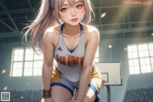 A woman in a basketball uniform dribbling a basketball on a court.