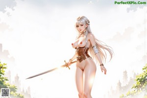 A woman with long white hair and armor, holding a sword, sitting on a cloud.