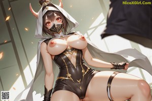 A woman in a black and gold outfit with horns on her head.