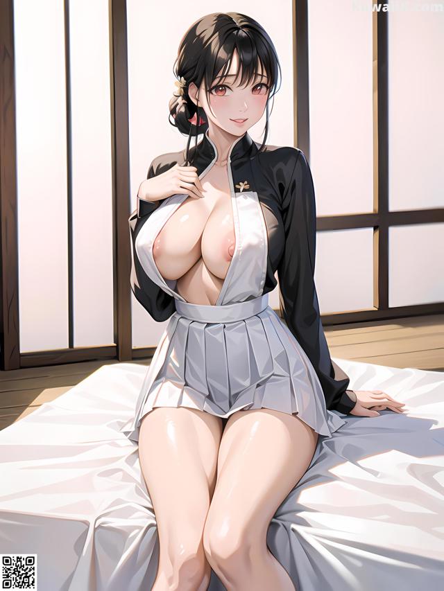 A woman in a maid outfit sitting on a bed.