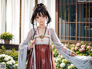 A woman in a pink and white kimono standing by the water.