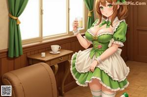 A woman in a green skirt and stockings is posing for a picture.
