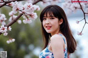 A woman in a yellow floral dress poses for a picture.