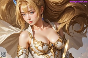A woman in a white and blue outfit holding a sword.
