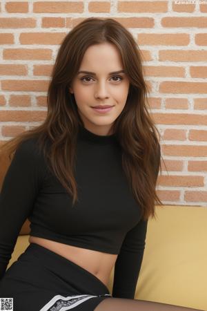 A young woman sitting on top of a bed next to a mirror.