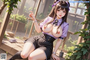 a sexy anime girl with big tits sitting on a bench