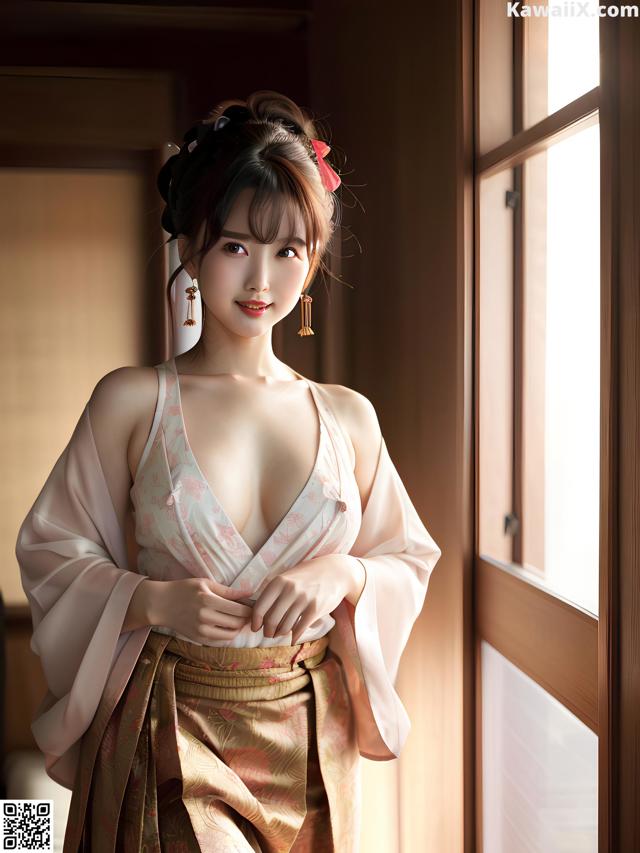 A woman in a kimono standing by a window.