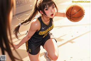A woman holding a basketball in front of a basketball court.