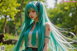 A girl with long green hair sitting on a tree branch.