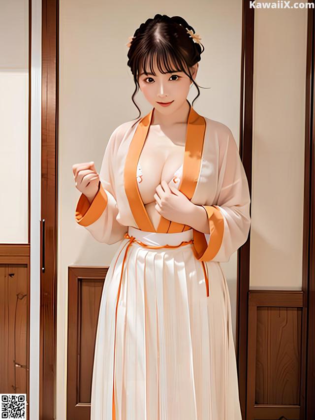 A woman in a white and orange kimono posing for a picture.