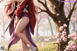 A woman in traditional attire holds a sword under a cherry blossom sky.