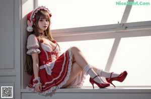 a woman in a red and white dress posing for a picture