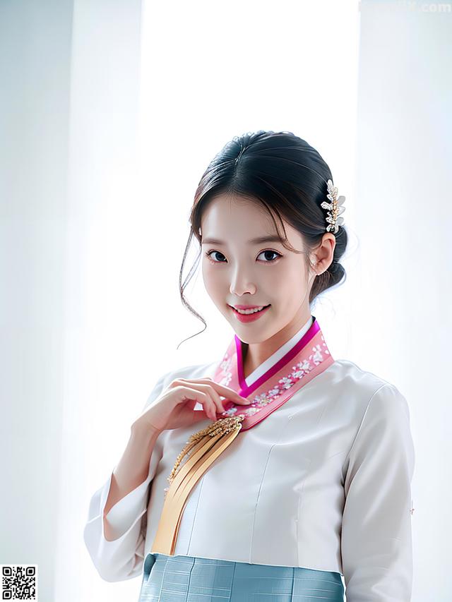 A woman in a white shirt and blue skirt posing for a picture.